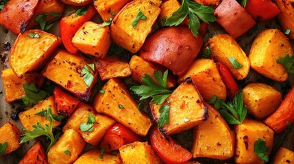 Wall Mural - a top view of roasted vegetables, featuring sweet potatoes, carrots, and bell peppers, garnished with fresh herbs and served on a baking sheet.