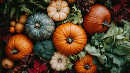 a top view of seasonal vegetables, featuring squash, pumpkins, and leafy greens, artfully arranged for autumn harvest.