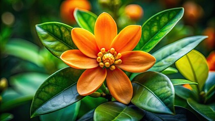 Wall Mural - A stunning orange blossom flower bursts into full bloom, revealing vibrant petals nestled among lush, green foliage, creating a harmonious and enchanting garden display.