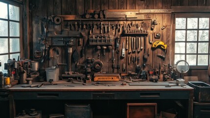 Poster - A Rustic Workshop Interior with Tools Hanging on a Wooden Wall