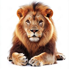 Lion Isolated On White Background. Majestic and Powerful Wild Cat in Close-up Shot