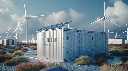 Aufkleber - An energy storage container with solar panels and wind turbines in the background.