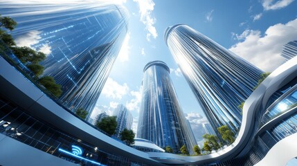 Poster - A Low Angle View of Modern Skyscrapers Against a Blue Sky