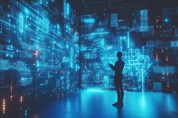 Aufkleber - A professional engages with holographic data and neural networks in a high-tech environment during a futuristic conference. Generative AI