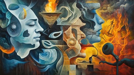 Poster - Abstract Painting with Faces, Flames, and Geometric Shapes