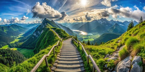 Wall Mural - Awe-inspiring scene of a peaceful stairway ascending to heaven, situated in the Austrian Alps, embraced by lush greenery and providing an idyllic connection to nature.