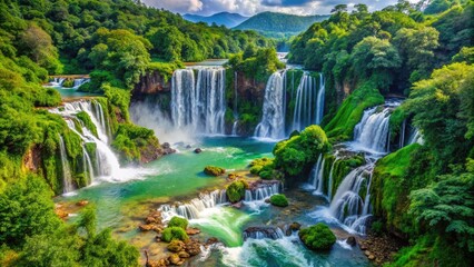 Wall Mural - Breathtaking waterfalls flow gently amidst lush greenery, nestled in a serene landscape, bathed in warm daylight, offering a captivating view of nature's beauty.