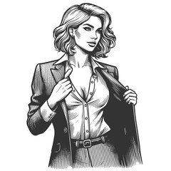 Wall Mural - woman in suit and open shirt, businesswoman empowerment and style sketch engraving generative ai fictional character raster illustration. Scratch board imitation. Black and white image.