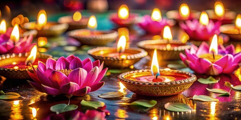 Vibrant Diwali celebration, glowing diyas and lotus flowers floating on water, soft golden light illuminating traditional Indian decor