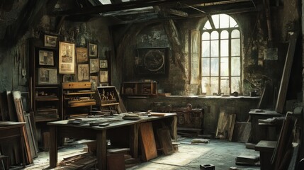Poster - A Sunlit Room with a Window and Old Furniture