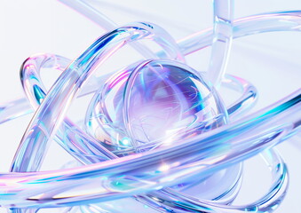 Fototapete - 3d rendering of abstract futuristic holographic elements on white background. Abstract shapes with glass and metal wires, transparent sphere ball in the center, light blue and purple colors