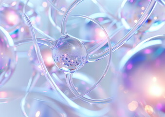 Fototapete - 3d rendering of abstract futuristic holographic elements on white background. Abstract shapes with glass and metal wires, transparent sphere ball in the center, light blue and purple colors