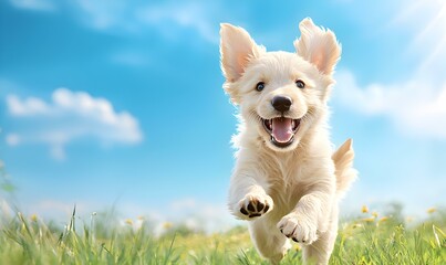 Playful Puppy Adventure, a charming illustration of an adorable puppy joyfully frolicking in a vibrant, colorful environment, full of energy and delight