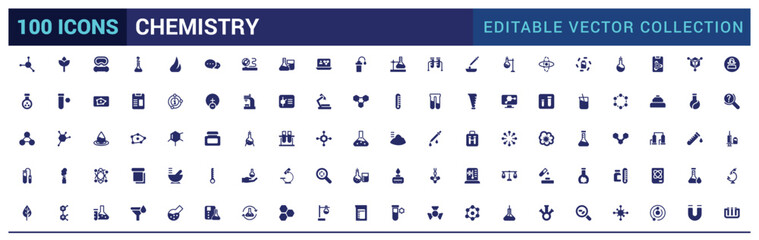 Wall Mural - chemistry lab icons set. related to showing assorted experiments. filled icon collection, glyph icon