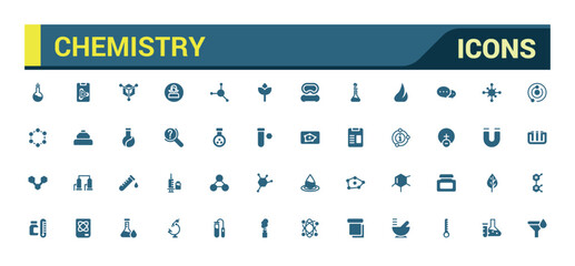 Wall Mural - chemistry lab icons set. related to showing assorted experiments. filled icon collection, glyph icon