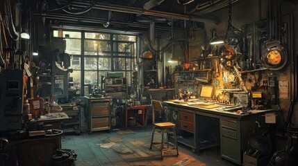 Aufkleber - A Dark and Cluttered Industrial Workshop with a Window View