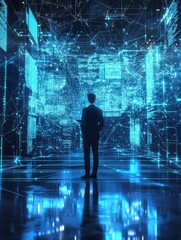Poster - A professional interacts with floating holographic data and neural network patterns in a futuristic digital environment at dusk. Generative AI