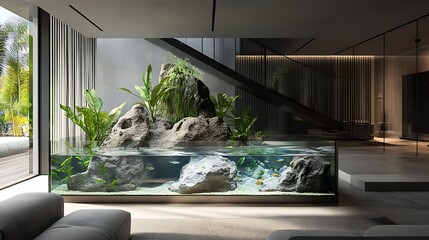 A large fish tank with tropical plants and fish sits in a modern living room with a grey sofa and a staircase in the background.