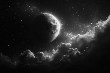 Wall Mural - new moon in galaxy. captivating shot in cosmic space with black and white background