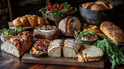 Wall Mural -   Wooden table, assorted breads, various salads, condiments displayed