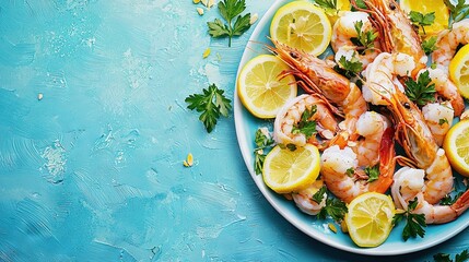 Wall Mural -   A plate of shrimp with lemons, parsley, and parsley on a blue table against a white background