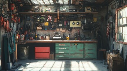 Aufkleber - A cluttered workshop with tools, supplies, and vintage cabinets