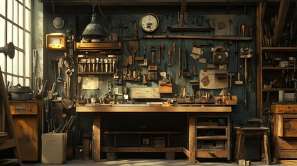 Aufkleber - An Old Workshop with Tools and Equipment Hung on the Walls