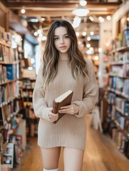 Wall Mural - A woman is standing in a library with a book in her hand