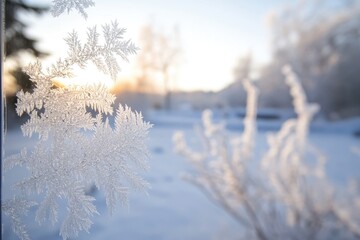 Canvas Print - Delicate Frost Patterns on Windowpane with a Blurred Snowy Background