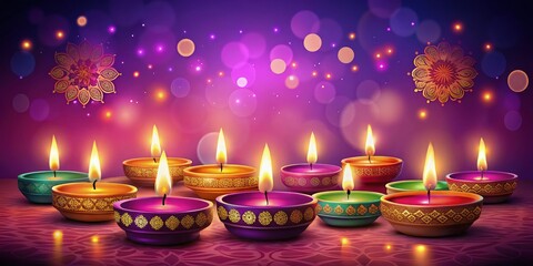 Vibrant, glowing candles illuminating a purple background, Diwali festival atmosphere, soft lighting, copy space