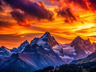 Wall Mural - Majestic mountain peaks stand tall against a stunning sunset, their silhouettes contrasting vividly with the rich blend of orange and purple hues in the sky.