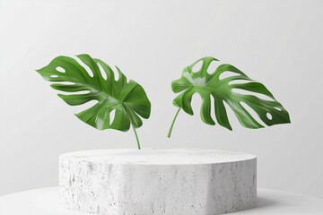 White stone podium, Cosmetic display product stand with monstera leaf on white background. 3D rendering	