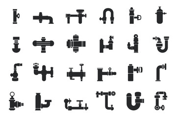 Wall Mural - Sanitary engeneering black icons set. Plumbing pipes with valve and taps for water gaz. construction industrial faucet tube design element. Black and white simple flat style. Isolated vector on white