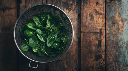 Poster - Raw Fresh Spinach with Water Drops in Colander - Top View on Rustic Wooden Table