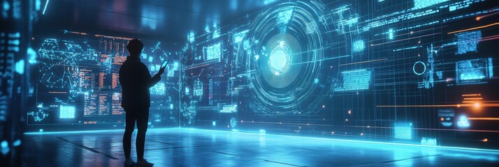 Aufkleber - A professional interacts with advanced holographic data and neural networks in a futuristic tech environment. Generative AI