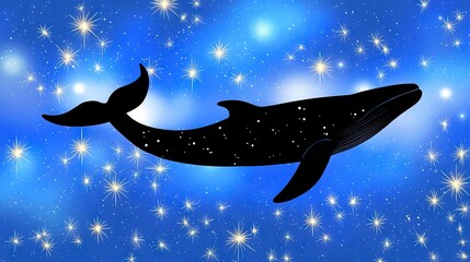   A painting of a whale soaring in the clouds, surrounded by a celestial backdrop of blue and white stars