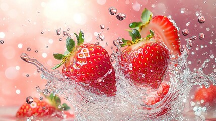   A group of strawberries splash into water with droplets on the bottom