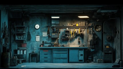 Aufkleber - A dimly lit workshop with a workbench and tools
