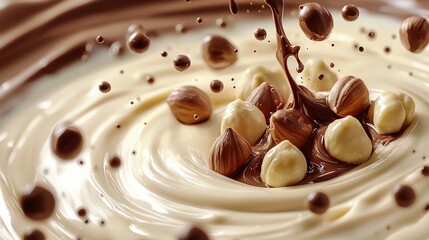 Wall Mural -   A close-up photo of a white plate featuring chocolate and nuts on top of a creamy white sauce, with a chocolate drizzle on top