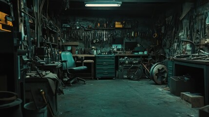 Aufkleber - A Dusty and Cluttered Workshop with Tools and a Bicycle