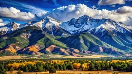 Wall Mural - Stunning views of the Sangre de Cristo Mountains in New Mexico showcase majestic peaks rising against a brilliant blue sky, inspiring awe and tranquility.