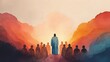 © T Studio - A serene and ethereal watercolor painting depicting a group of silhouetted figures ascending towards a glowing spiritual landscape of mountains and sky  The scene evokes a sense of contemplation