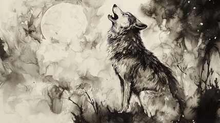 Wall Mural -  A black-and-white painting depicts a wolf gazing upward, with a full moon in the background