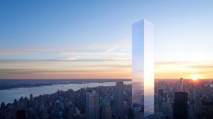 Poster - Futuristic Skyscraper at Sunrise with Drone Perspective