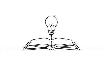 Wall Mural - one line drawing of a light bulb on books. combining illumination and learning.