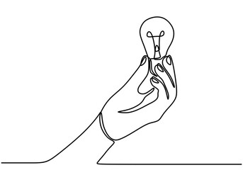 Wall Mural - one line drawing of a hand holding a light bulb. symbolizing inspiration and innovation.