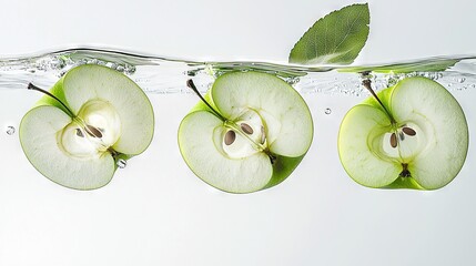 Wall Mural -   Three apple slices float in water, topped with a green leaf