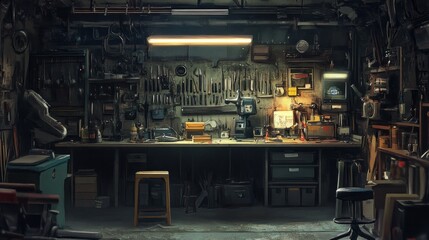Aufkleber - A cluttered workshop with a workbench, tools, and various objects