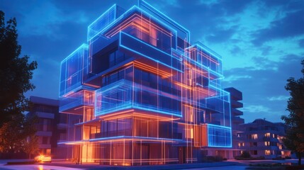Poster - Modern apartment building illuminated with neon blue and orange light at night