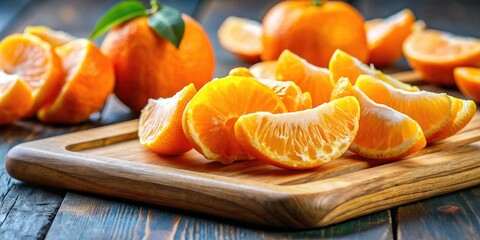 Vibrant orange slices arranged on a wooden cutting board, showcasing juicy segments glistening with freshness, creating a delightful, colorful presentation perfect for any occasion.